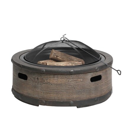 Sun Joe 35 In Cast Stone, Wood Burning Fire Pit, 26 In Spark Guard Screen, Poker, Rustic SJFP35-STN-BRL
